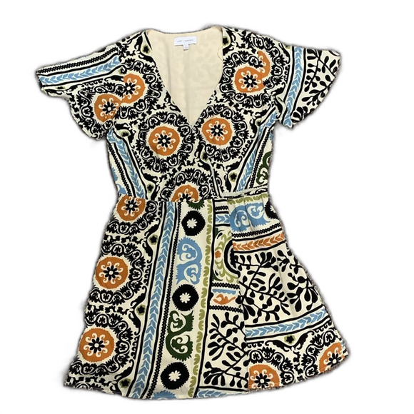 Lost + Wander Oracle Ivory Black Green Orange Wrap Print Mini Dress Size XS - Picture 7 of 13